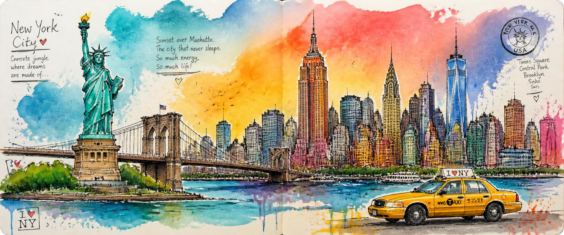 Illustrazione ad acquerello dello skyline di New York con la Statua della Libertà