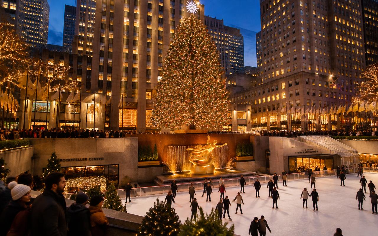 Foto del Rockefeller Center a Natale, con il grande albero illuminato e la pista di pattinaggio